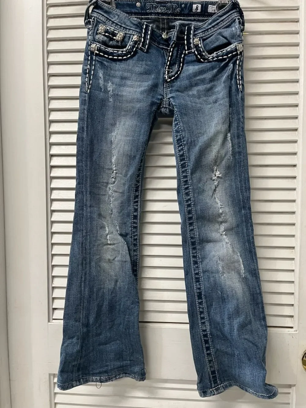 Miss Me Distressed Flare Jeans in Faded Blue✨